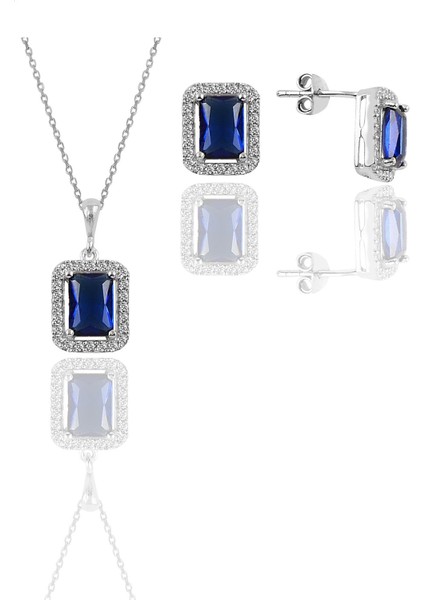 Gümüş Rodyumlu Safir Taşlı Baget Kesim Ikili Set
