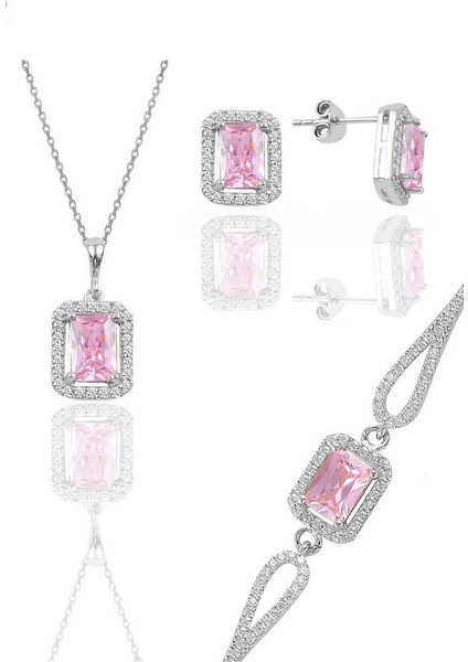 Gümüş Rodyumlu Pembe Taşlı Baget Kesim Üçlü Set