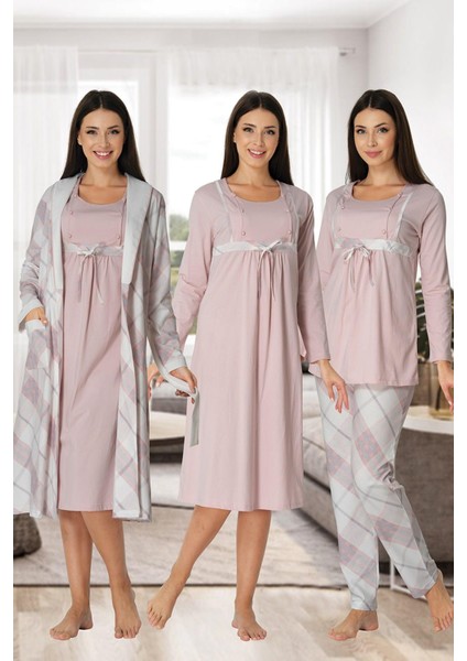 8086 Ekose Lohusa Pijama Gecelik Sabahlık Lohusa Seti