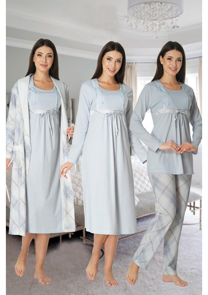 8086 Ekose Lohusa Pijama Gecelik Sabahlık Lohusa Seti