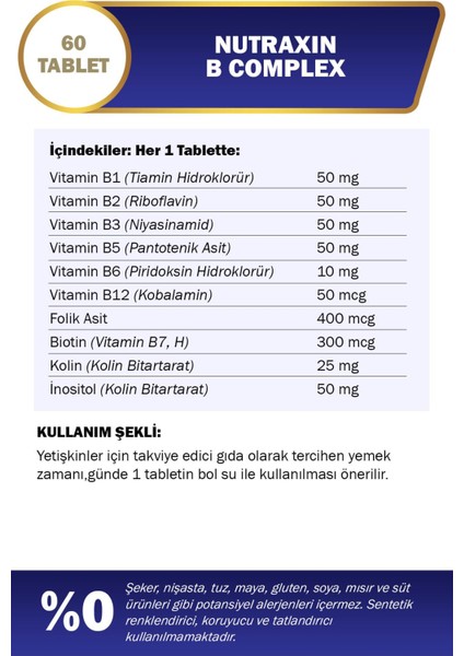B Vitamini Içeren Takviye Edici Gıda B Vitamini Kompleks 60 Tablet 3 Adet fiyatları