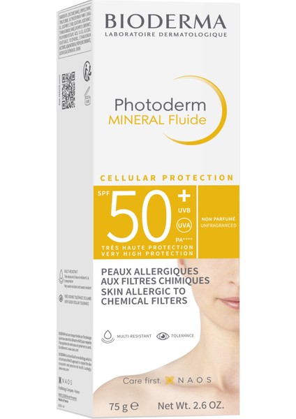 Photoderm Mineral Fluid SPF50+ Çok Hassas Ciltler için Yüksek Korumalı Yüz, Vücut Güneş Kremi 75 gr