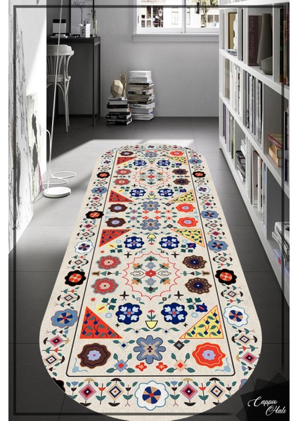 Esta Çiçekli Krem Kilim Desenli Oval Halı (Kaymaz Dod Taban Makinada YIKANABILIR)-ES657