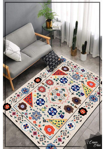 Esta Çiçekli Krem Kilim Desenli Halı (Kaymaz Dod Taban Makinada YIKANABILIR)-ES657
