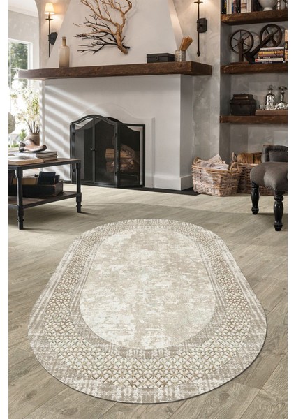 Esta Etnik Desenli Bej Oval Halı (Makinada Yıkanabilir Kaymaz Dot Taban) - ES1147