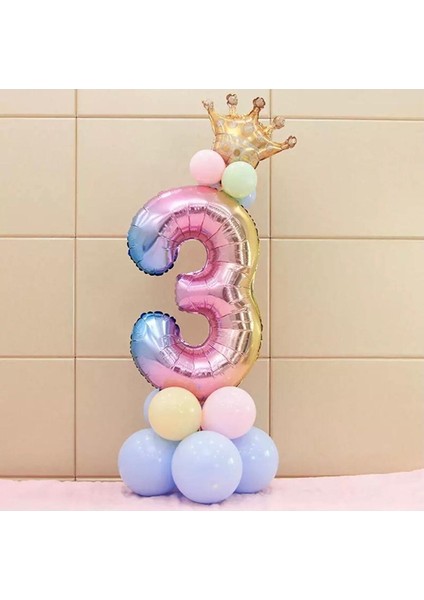3 Yaş Gökkuşağı Rakam ve Kral Tacı Folyo Balon Doğum Günü