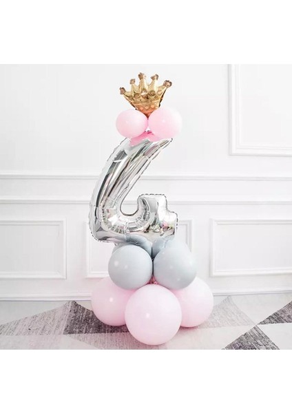 4 Yaş Gümüş Rakam ve Kral Tacı Folyo Balon Doğum Günü