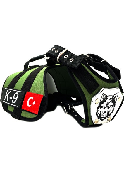 Haki K9 Kurt Başlı Türk Bayraklı Köpek Göğüs Tasması Köpek Bellik