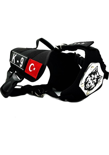 Siyah K9 Kurt Başlı Türk Bayraklı Köpek Göğüs Tasması Köpek Bellik
