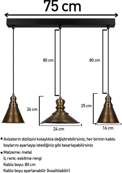 Üçlü Lima Eskitme Rengi Metal Sarkıt Avize  Lamba Rustik Vintage Iç Mekan Ofis Cafe