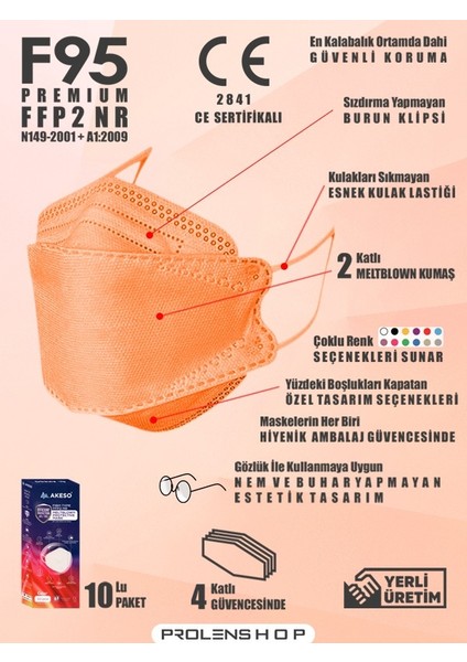 Ffp2 Premium Kore Tipi Ce-Iso Sertifikalı Tek Paketli Maske 10 Adet Turuncu