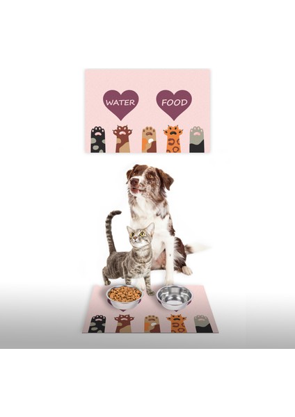 Water Food Kedi Köpek Pembe Patili Kalp Dijital Baskılı 35X50 Dekoratif Çok Amaçlı Mama Altlığı Mama Paspası