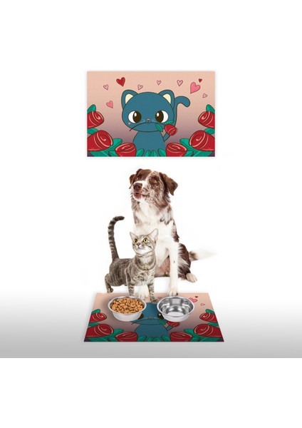 Water Food Kedi Köpek Desenli Dijital Baskılı 35X50CM Dekoratif Çok Amaçlı Iç ve Dış Kapı Paspası Mama Paspası