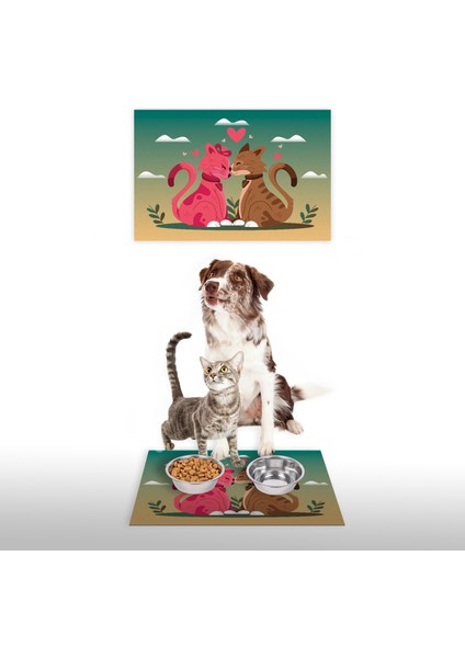 Water Food Kedi Köpek Desenli Dijital Baskılı 35X50CM Dekoratif Çok Amaçlı Iç ve Dış Kapı Paspası Mama Paspası