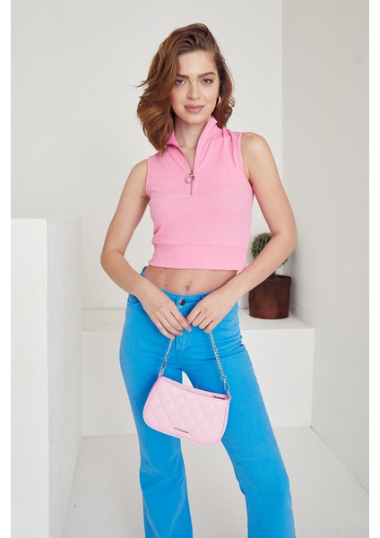 Fermuarlı Kaşkorse Bluz-Pembe