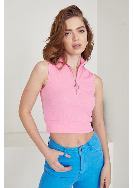Fermuarlı Kaşkorse Bluz-Pembe