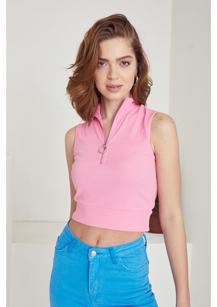 Fermuarlı Kaşkorse Bluz-Pembe