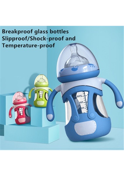 Yüksek Borosilikat Cam Bebek Şişesi Silikon Kollu, Kapasite: 240ML (Mavi) (Yurt Dışından)