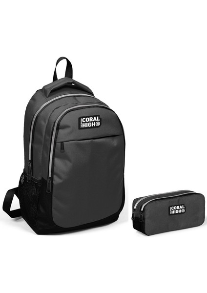 Siyah-Gri Erkek Çocuk Ilkokul Çantası ve Kalemlik Seti