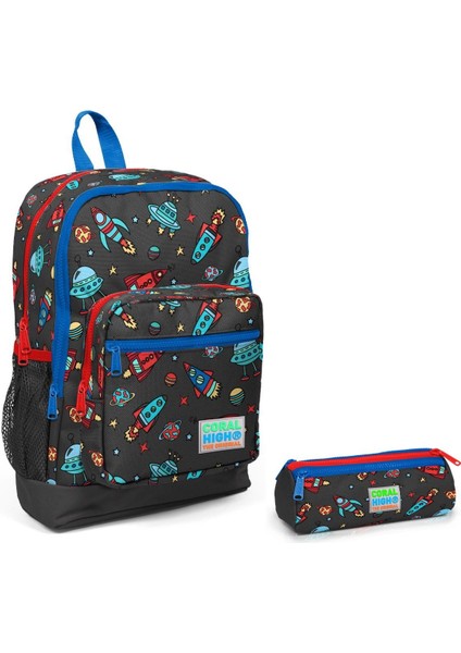 Erkek Çocuk Roket Baskılı Dört Bölmeli Sırt Çantası Kalemlik Takım