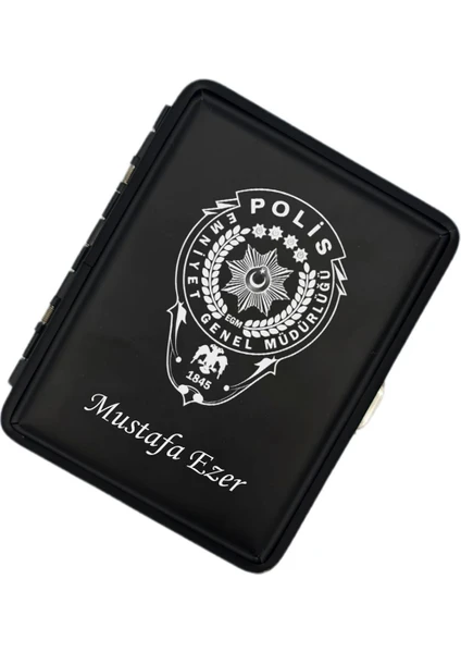 Sedef Silver Polis Amblem Logolu Kişiye Özel Metal Mat Siyah Sigara Tabakası