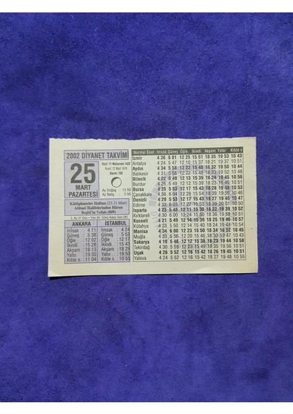 25 Mart 2002 Takvim Yaprağı - Nostalji Koleksiyonluk Takvim Yaprağı