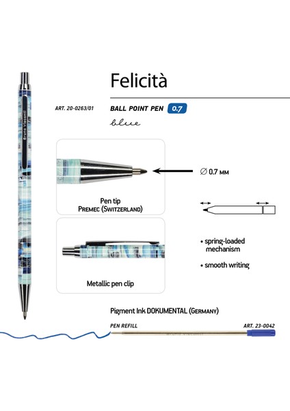 Bruno Visconti "Felicita" Tükenmez Kalem -Mavi- 0.7 Mm. Kutulu-Metal Gövde (Noktalar)