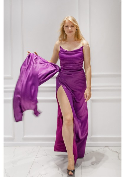 Mor Straplez Yırtmaçlı Saten Abiye Elbise