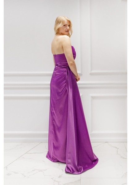 Mor Straplez Yırtmaçlı Saten Abiye Elbise modelleri