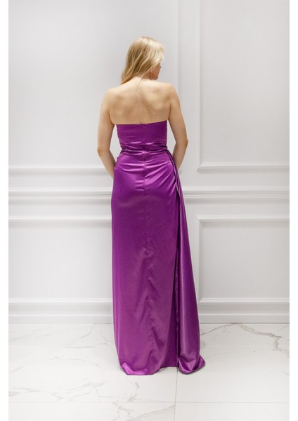 Mor Straplez Yırtmaçlı Saten Abiye Elbise fırsatları