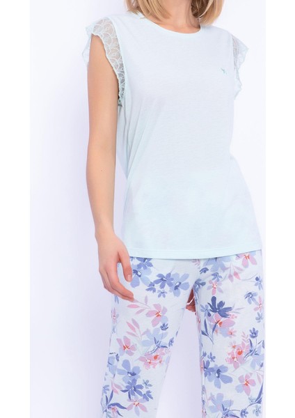 1899 Çiçek Desenli Nil Dantel Detaylı Kadın Pijama Takımı
