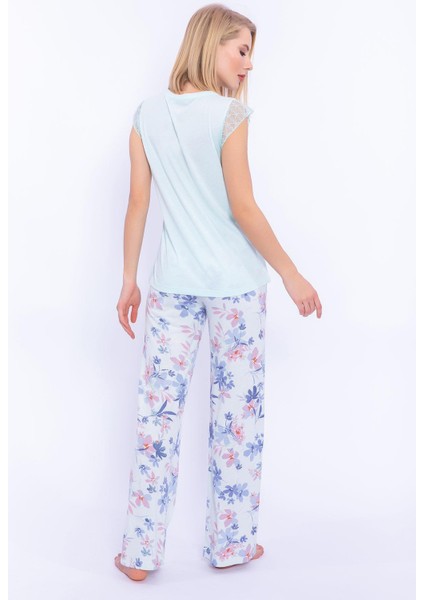 1899 Çiçek Desenli Nil Dantel Detaylı Kadın Pijama Takımı