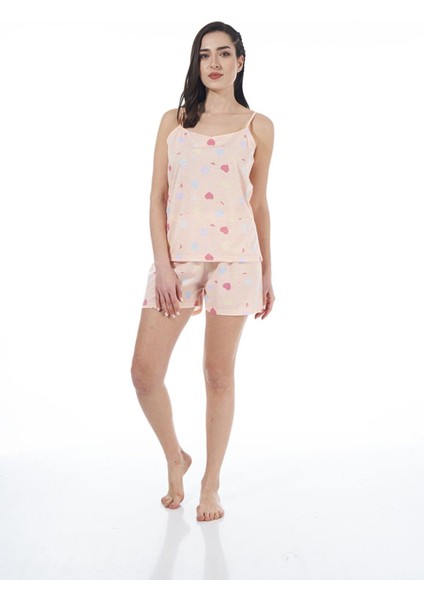 22023 Kadın Kalp Desenli Viskon Askılı Şortlu Pijama Takımı
