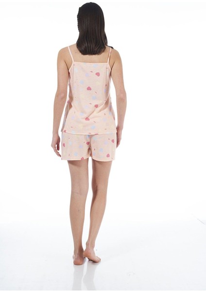 22023 Kadın Kalp Desenli Viskon Askılı Şortlu Pijama Takımı