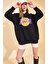 XUDE Siyah Baskılı Kapüşonlu Uzun Oversize Sweatshirt 2YSK8-10132-02