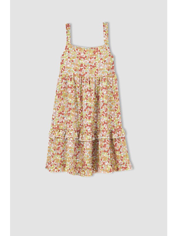 DeFacto Kız Çocuk Kare Yaka Askılı Volanlı Bürümcüklü Elbise	 W7756A622SM