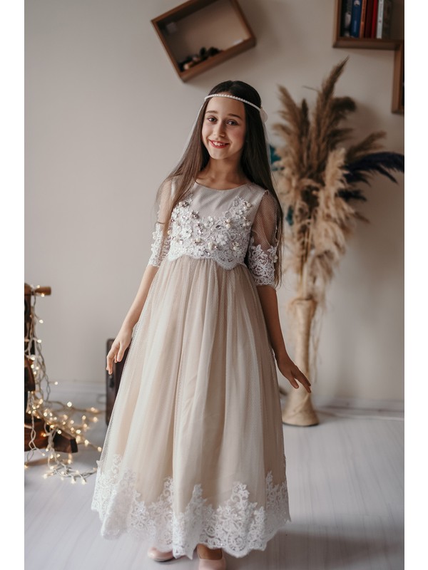 Mialora Exclusive Duvaklı, Inci Işlemeli , Kız Çocuk Vintage Elbise , Gelinlik