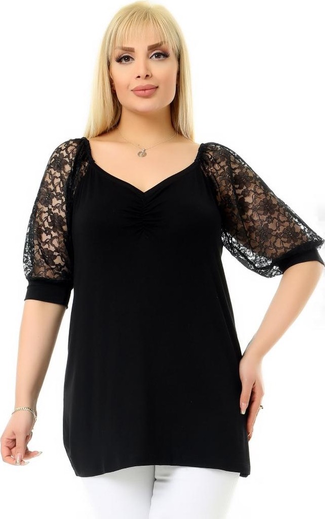 Kheos Güpür Dantel Yarım Kol Madonna V Yaka Rahat Dökümlü ve Cool Tunik