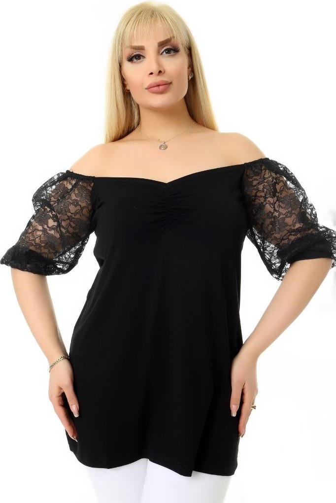 Kheos Güpür Dantel Yarım Kol Madonna V Yaka Rahat Dökümlü ve Cool Tunik görsel 3