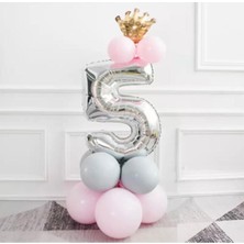 Best Parti 5 Yaş Gümüş Rakam ve Kral Tacı Folyo Balon Doğum Günü