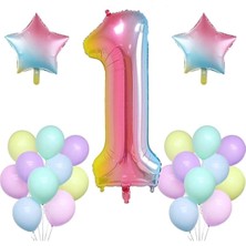 Best Parti Gökkuşağı Konsepti 1 Yaş Doğum Günü Parti Kutlama Seti; Rakam ve Yıldız Folyo,pastel Balon