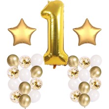 Best Parti Gold Konsept 1 Yaş Doğum Günü Kutlama Seti; Beyaz Gold Konfetili Balon, Rakam Yıldız Folyo