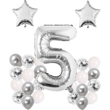 Best Parti Gümüş Konsept 5 Yaş Doğum Günü Kutlama Seti; Beyaz Gümüş Konfetili Balon, Rakam Yıldız Folyo