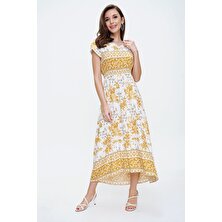 Saygı Giyim Yaka ve Kol Ucu Dantelli Çiçekli Viskon Elbise Sarı