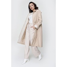 Saygı Giyim Kolları Çizgili Katlamalı Beli Büzgülü Astarlı Kapşonlu Trenckot Bej