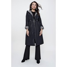 Saygı Giyim Kolları Çizgili Katlamalı Beli Büzgülü Astarlı Kapşonlu Trenckot Siyah