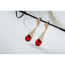 Profisher 18 K Altın Kaplama Uzun Rhinestone (Yapay Elmas) Küpe Kırmızı