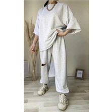 Amor Woman Diz Yırtık Detaylı Pamuklu Oversize Çift Cep Yeni Trend Kısa Kollu Yazlık Kadın Eşofman Takımı