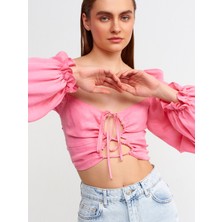 Dilvin 50131 Balon Kollu Crop Top-Fuşya