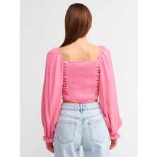 Dilvin 50131 Balon Kollu Crop Top-Fuşya